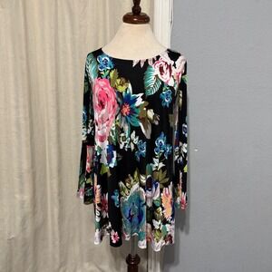 Veronica M Women Floral Print Long Flared Sleeve Stretchy Tunic Top Size XS